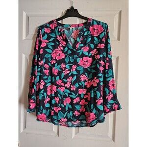 Talbots Womens Long Sleeve Floral Blouse Size 1X Long Sleeve Pink V-Neck Floral